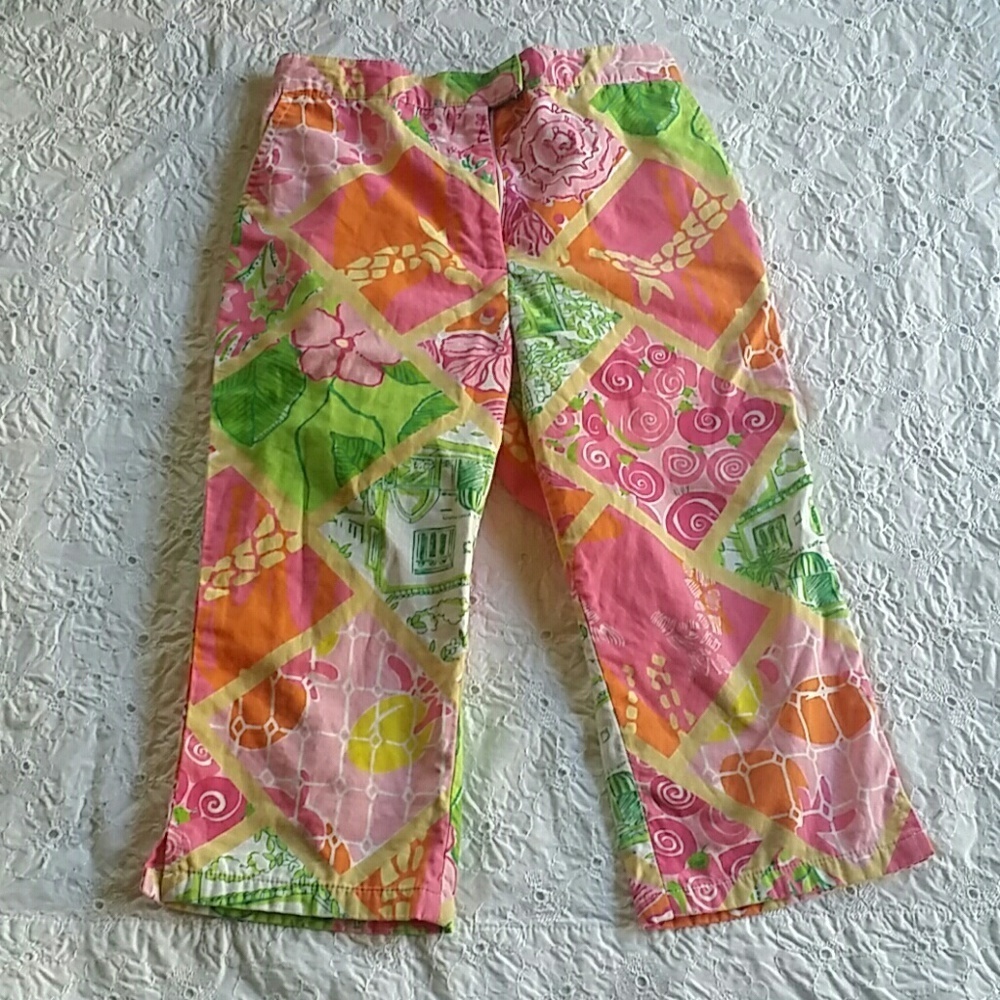 Lilly Pulitzer Capri 100% Cotton Pink And Green Printed Pants For Girls Size 5